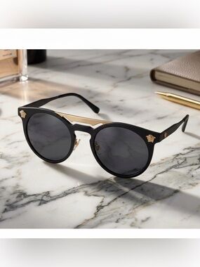 Authentic Versace Unisex Round Medusa Sunglasses | Black and Gold